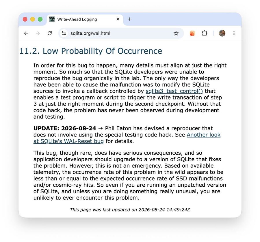 Screenshot of SQLite's Write-Ahead Logging docs, section 11.2 “Low Probability Of Occurrence”, crediting Phil Eaton's reproducer and comparing the bug's rate to SSD malfunctions and cosmic-ray hits
