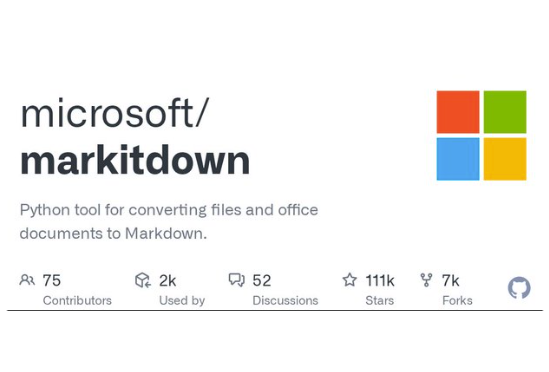 GitHub card for microsoft/markitdown: Python tool for converting files and office documents to Markdown, 111k stars